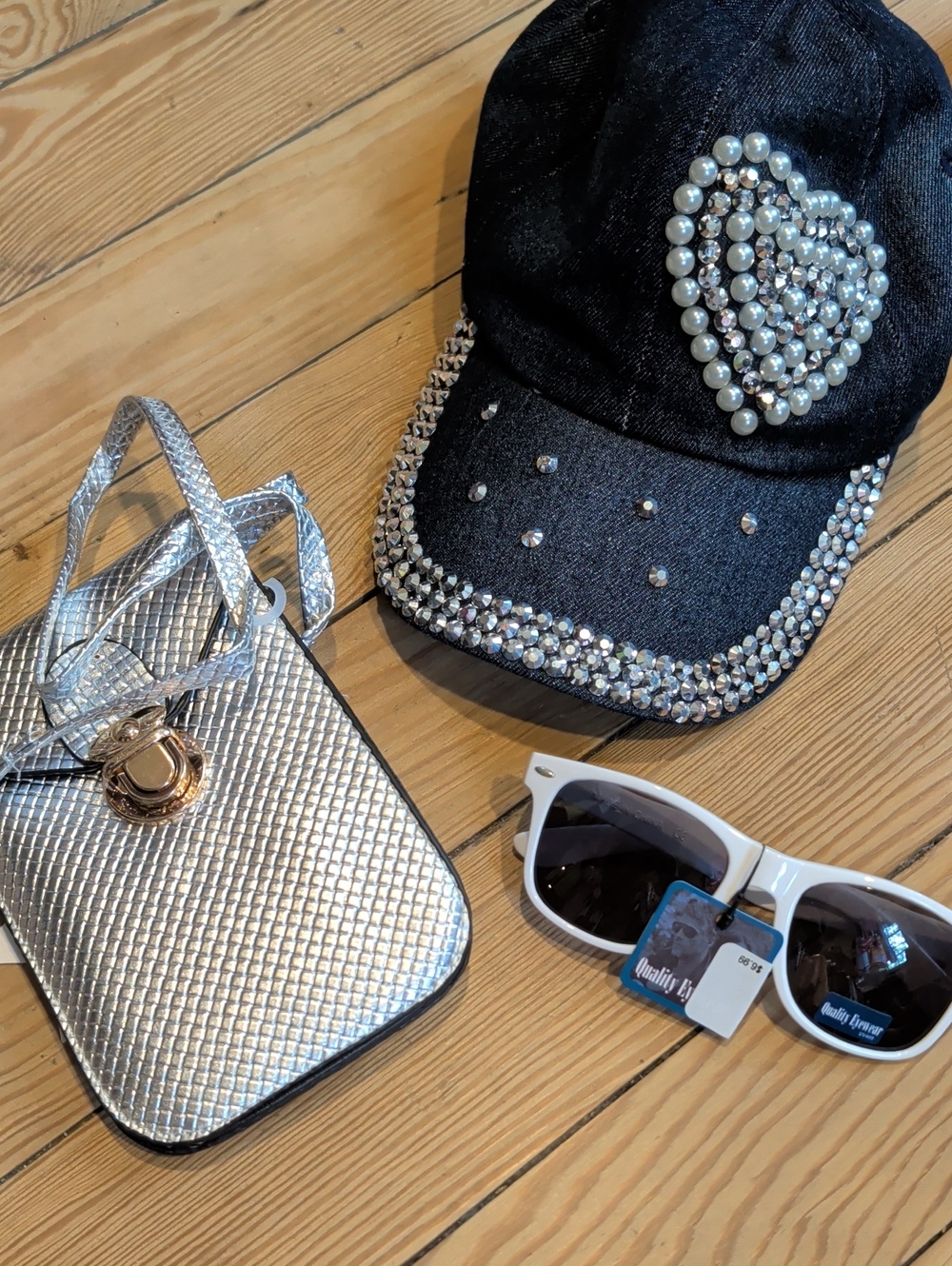 Rhinestone-Star Baseball Cap and Metallic Crossbody Set - Black & Silver